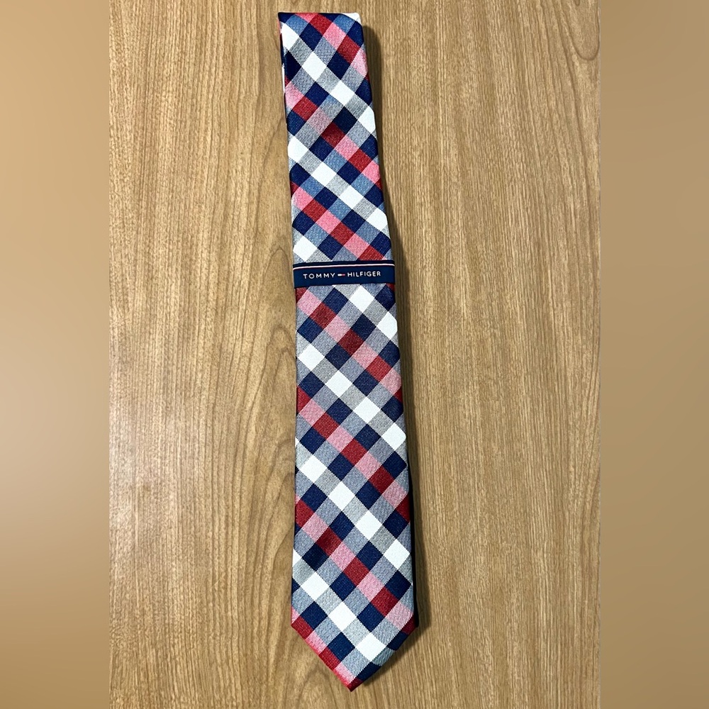 Tommy Hilfiger Navy and Red Silk Plaid Tie